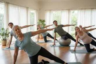 Séance de Pilates avec des participants concentrés sur leurs mouvements