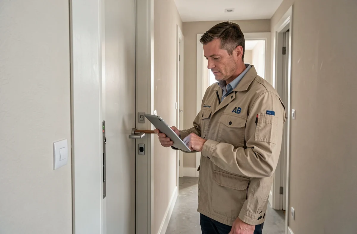 Technicien AB Habitat présentant une serrure multipoints installée dans un appartement moderne