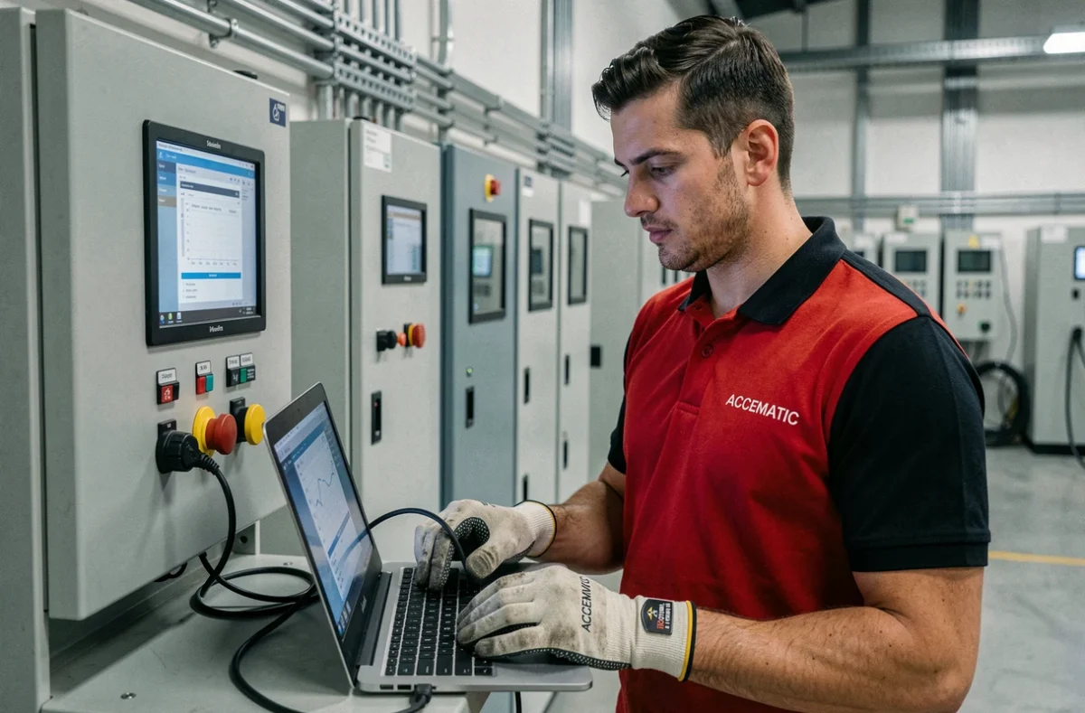 Technicien ACCEMATIC programmant un tableau de commande automatisé dans une installation industrielle en Île-de-France