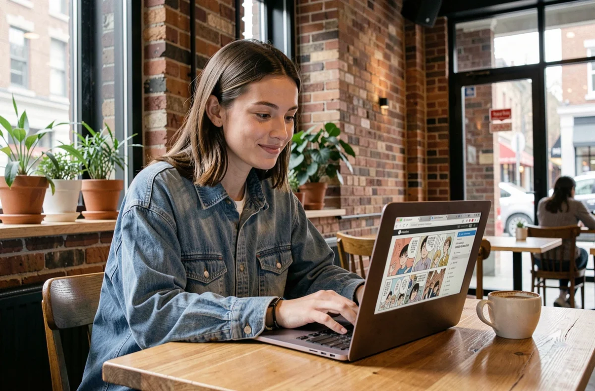 Jeune femme accédant à des scans de mangas en VF sur un ordinateur portable dans un café