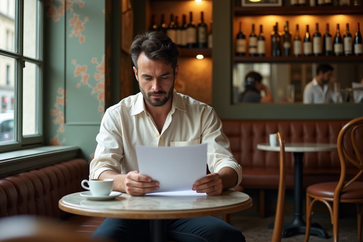 Acteur français en chemise de lin relisant un scénario dans un café parisien authentique, portrait éditorial d'un comédien promis à devenir un monument du cinéma