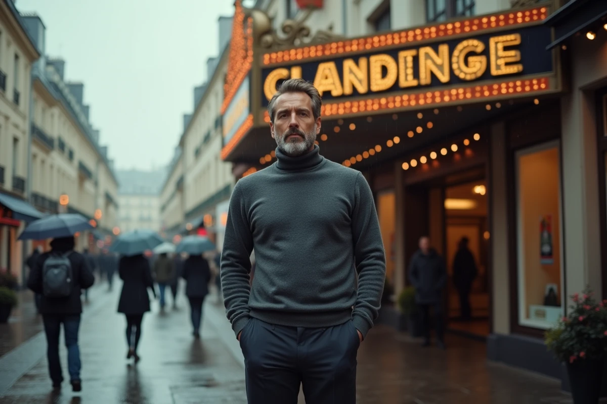 Acteur français en col roulé gris devant une marquise de cinéma parisienne sous la pluie, personnage emblématique du cinéma français contemporain dans un décor urbain authentique