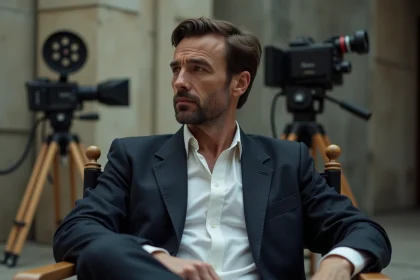 Acteur français en costume marine assis dans un fauteuil de réalisateur sur un plateau de cinéma, regard pensif évoquant le futur d'un monument du cinéma français