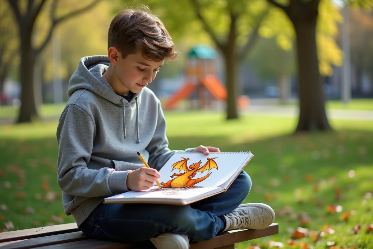 Adolescent dessinant un Charizard dans un parc en plein air