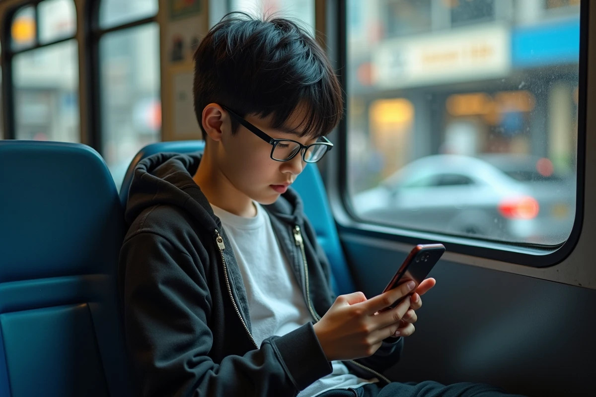 Adolescent lisant des notifications manga sur son smartphone dans le bus