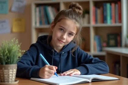 Adolescente révisant les règles du participe passé dans un cahier scolaire, mémo pour le Brevet et le Bac