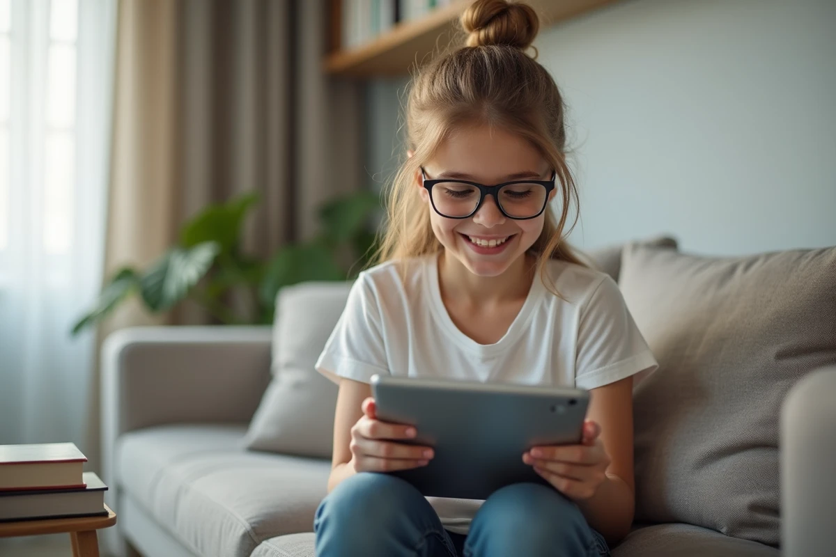 Adolescente souriante utilise une tablette dans un salon lumineux