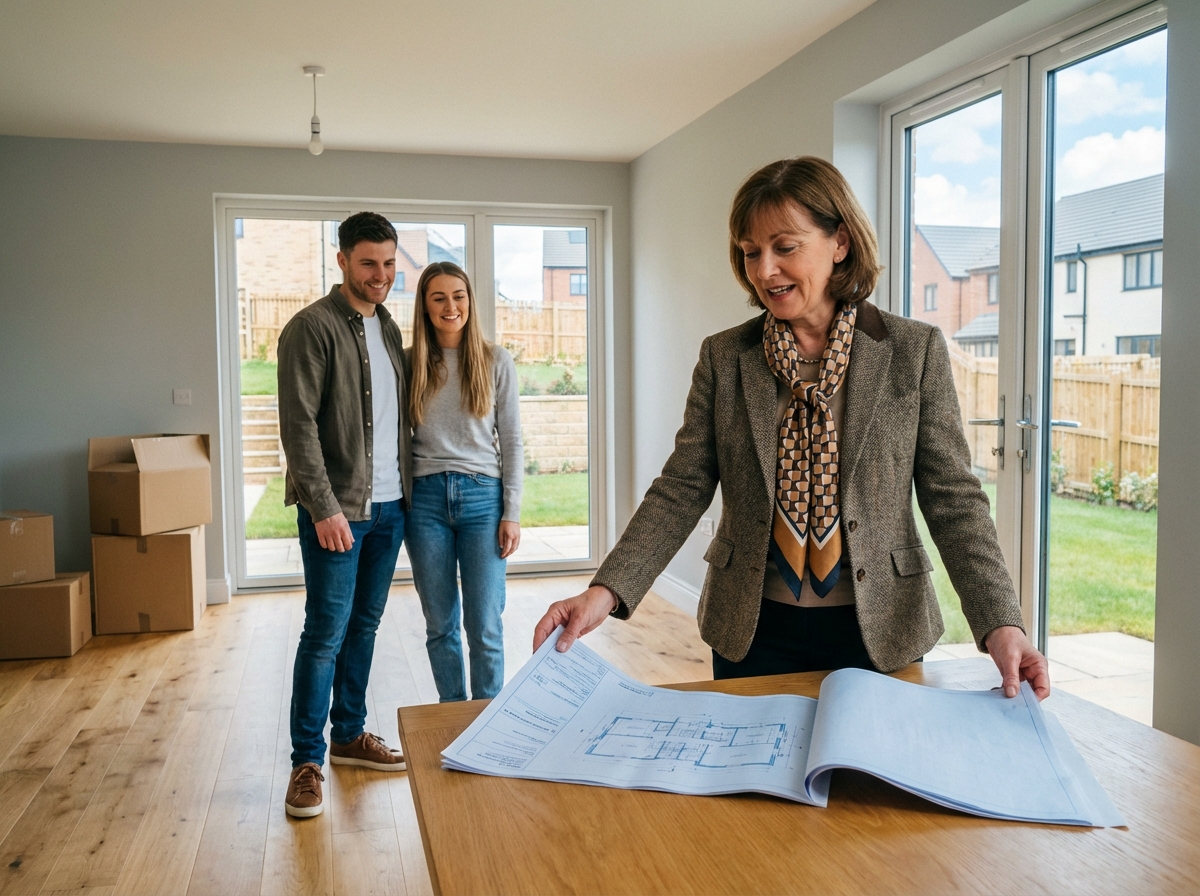 Agent immobilier montrant des plans à une famille dans un salon lumineux