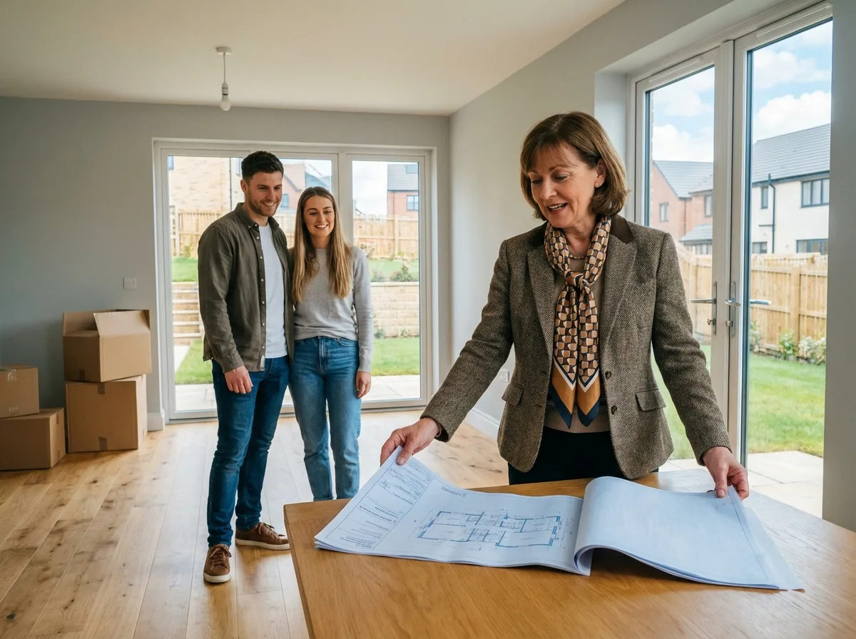 Agent immobilier montrant des plans à une famille dans un salon lumineux