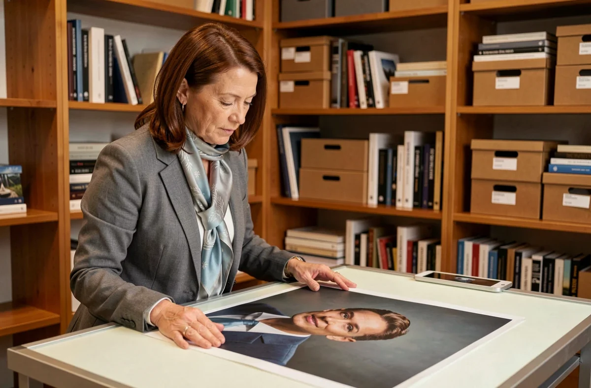 Agnès Colombo photographe examinant des tirages photo sur une table lumineuse dans un studio éditorial