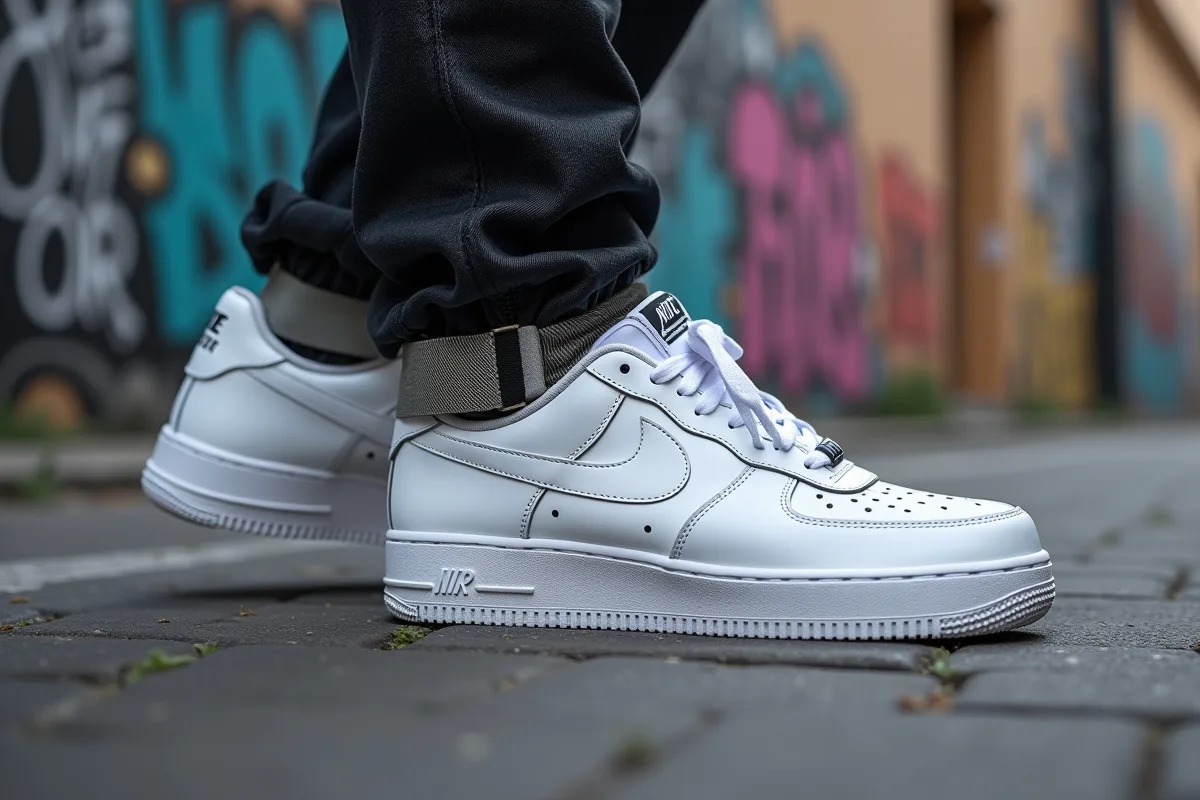 Chaussures Air Force 1 blanches sur une rue graffitée en plein jour
