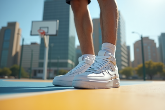 Jeune homme portant des Air Force 1 blanches dans un terrain de basket urbain
