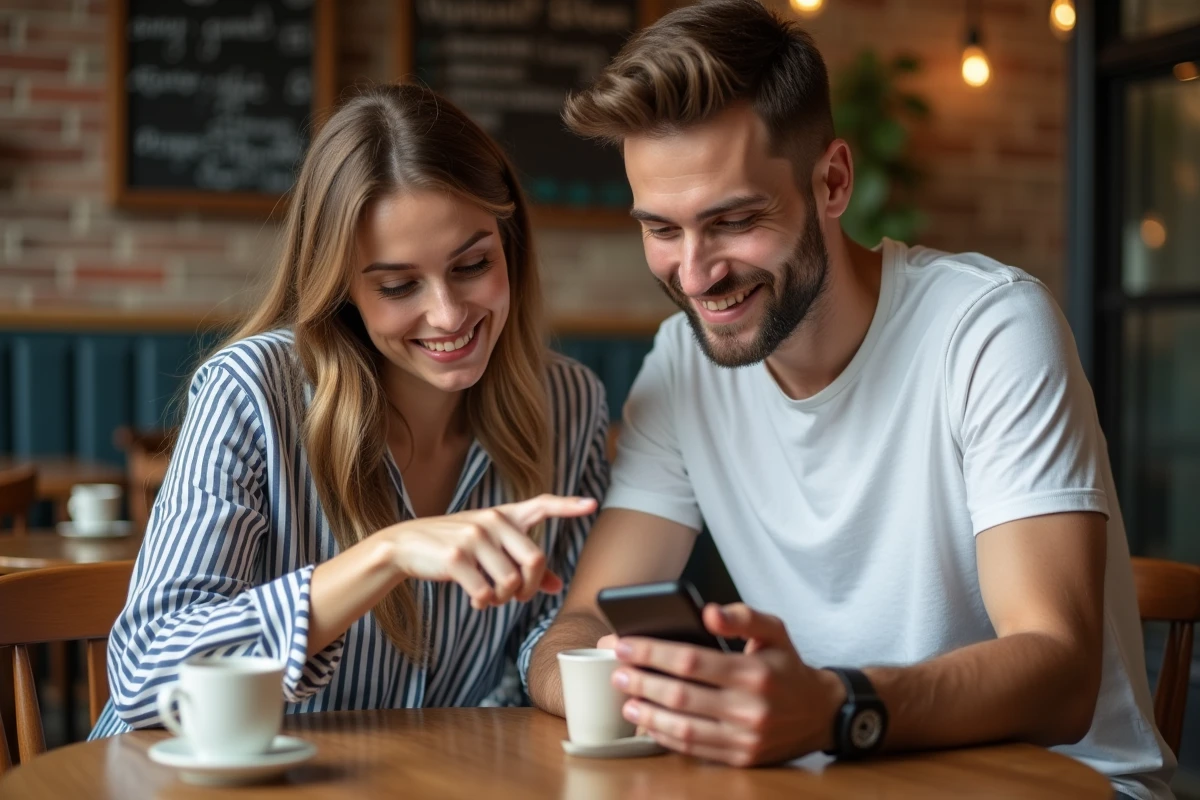 Deux amis collaborant pour trouver la solution d'un jeu 4 images 1 mot dans un café urbain
