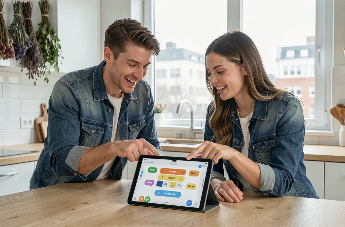 Deux amis jouant ensemble à Sutom sur une tablette dans une cuisine moderne, progression quotidienne au jeu de mots