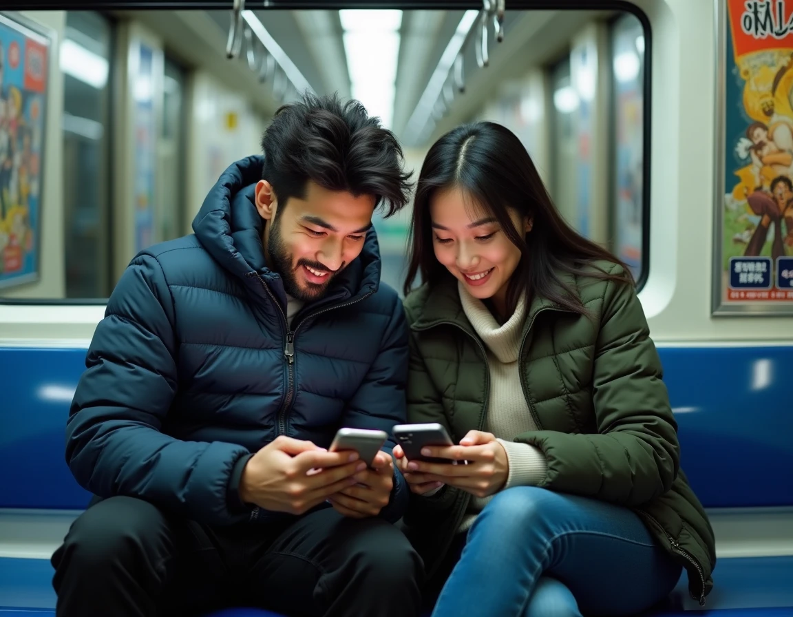 Deux amis lisant ensemble un scan manga sur smartphone dans le métro