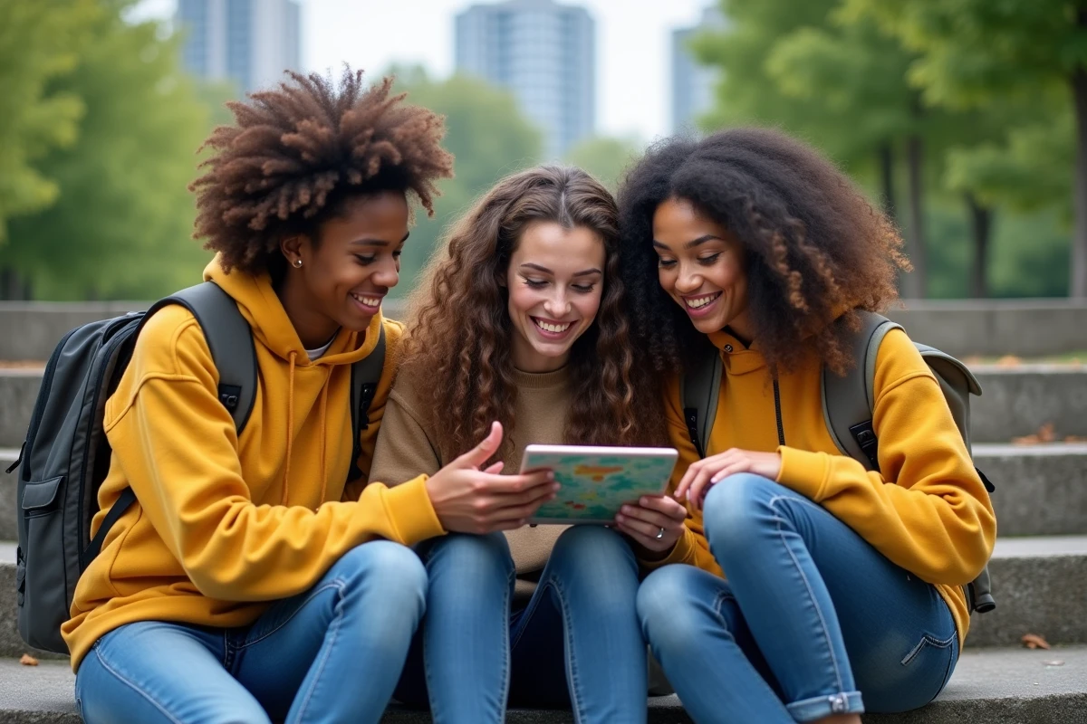 Trois amis regardant des tablettes avec cartes de Dofus en plein air