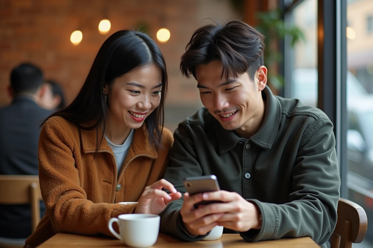 Deux amis consultant un site de scans manga sur smartphone dans un café urbain tendance