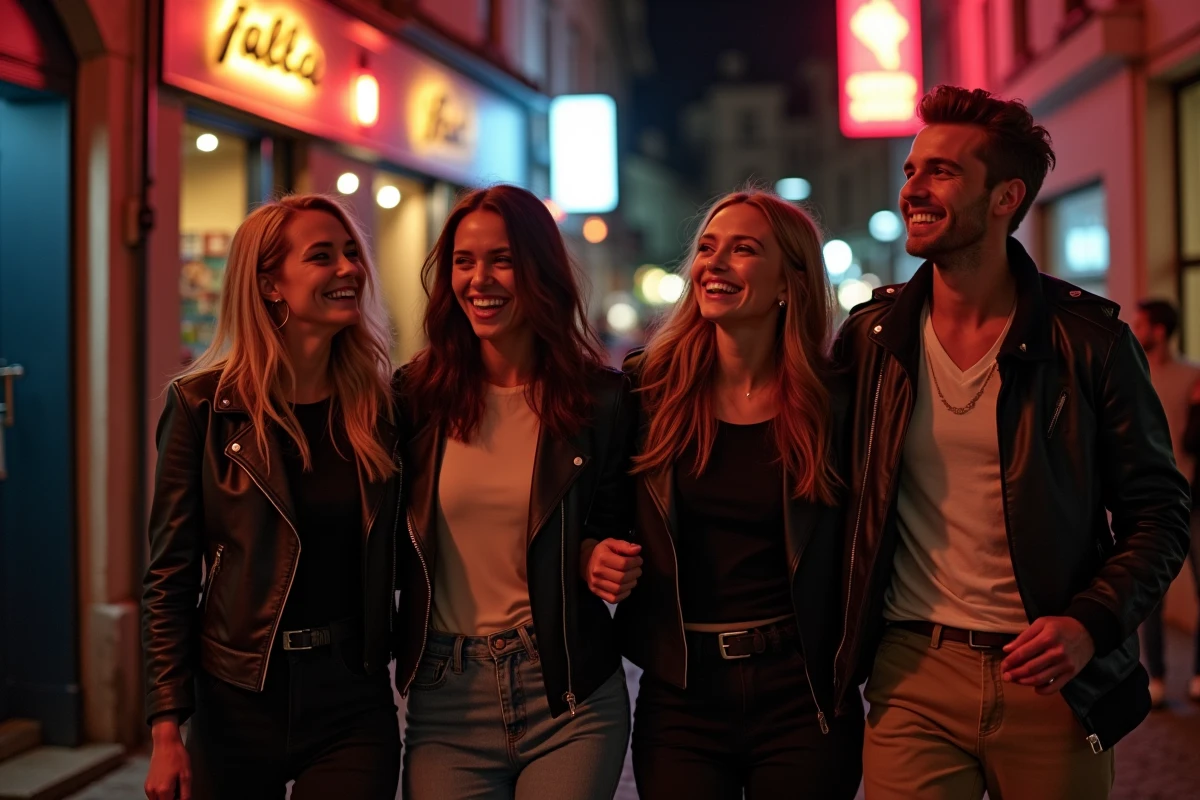 Groupe d'amis souriants dans une rue de Lille la nuit