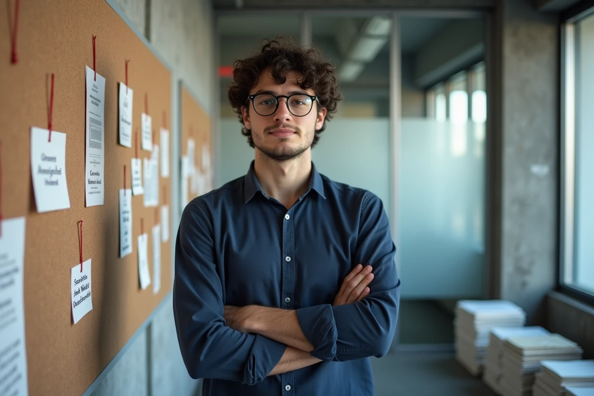 Jeune homme analyste devant un tableau de liège rempli de fiches et de fils reliant des articles autour d'un nom insaisissable