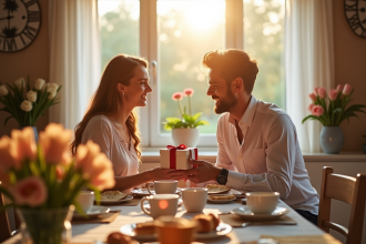 Couple célébrant leur anniversaire à la maison avec cadeaux et petit déjeuner