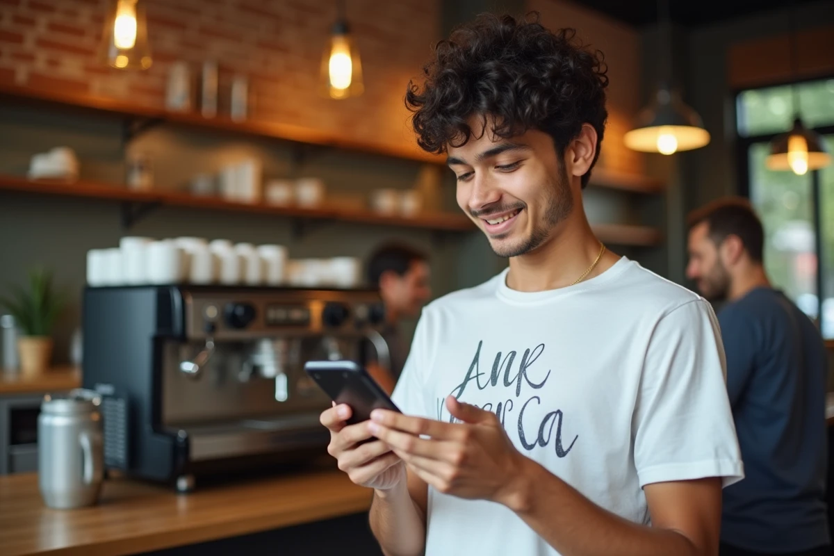 Jeune personne utilisant une application d'annuaire inversé sur smartphone dans un café urbain