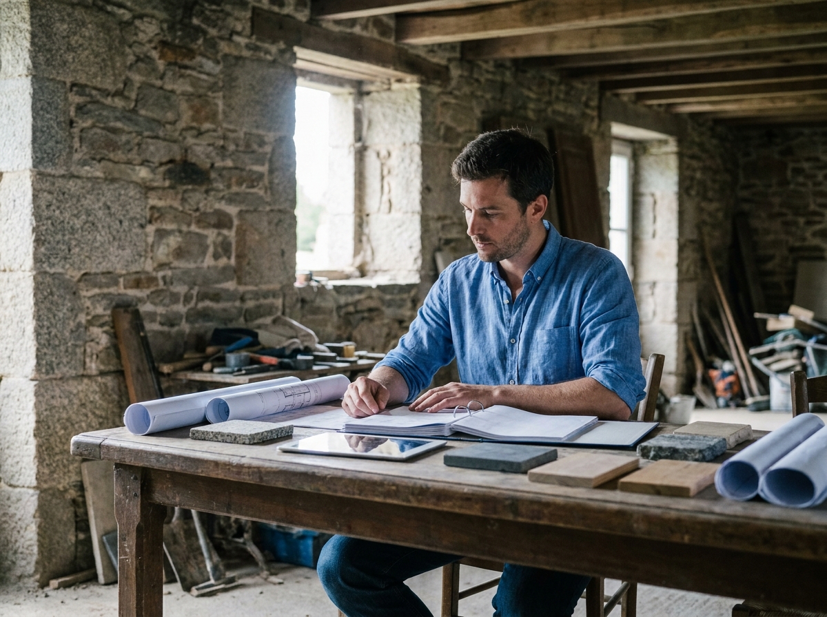 Architecte étudiant des documents de construction dans une ferme bretonne en cours de rénovation