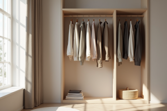 Armoire minimaliste avec vêtements neutres et lumière naturelle