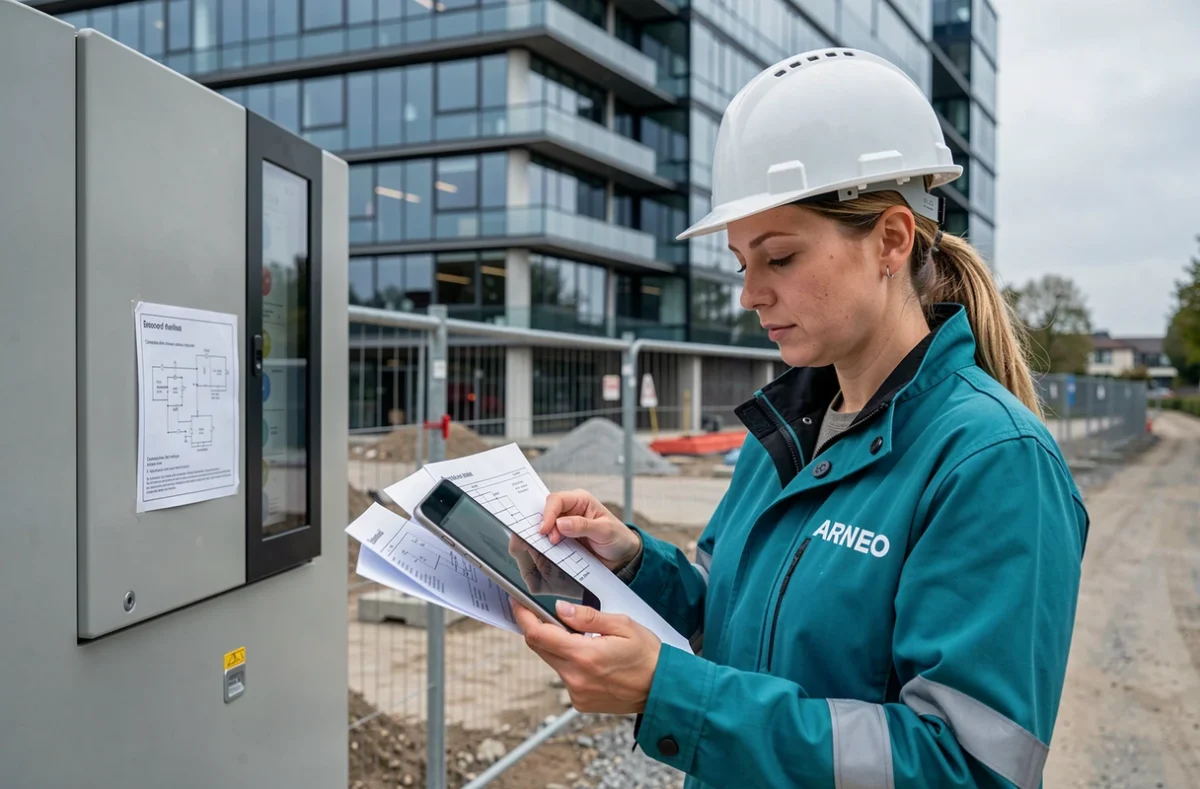 Ingénieure ARNEO consultant des plans électriques sur tablette sur un chantier de construction en Île-de-France