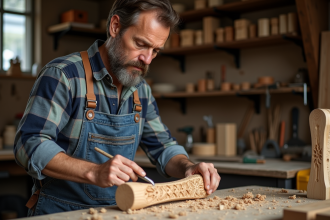Artisan menuisier sculpte un pied de chaise en bois