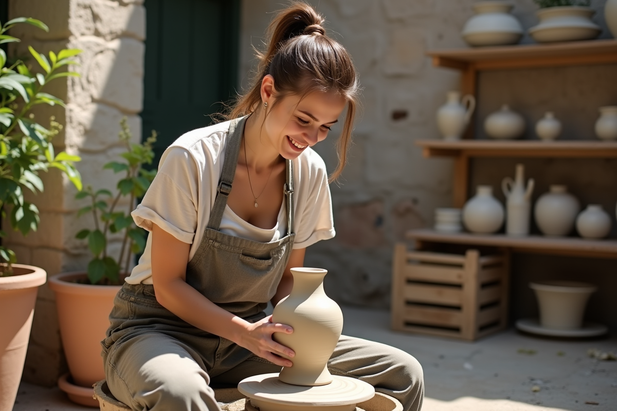 Jeune femme artisan façonne un vase en céramique