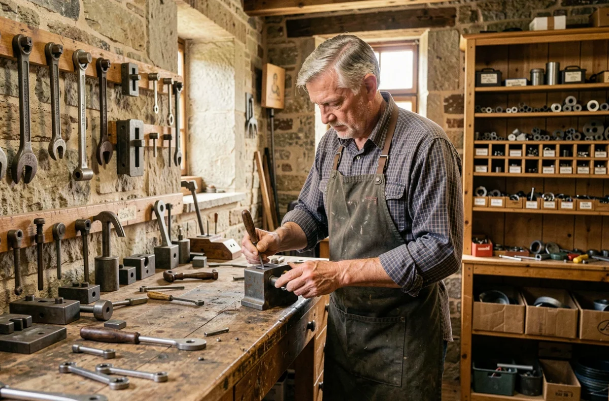 Maître serrurier de l'Atelier Normand de Serrurerie façonnant une pièce métallique dans son atelier traditionnel