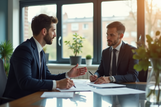 Avocat et client discutant documents dans un bureau lumineux