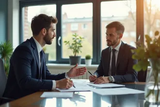 Avocat et client discutant documents dans un bureau lumineux