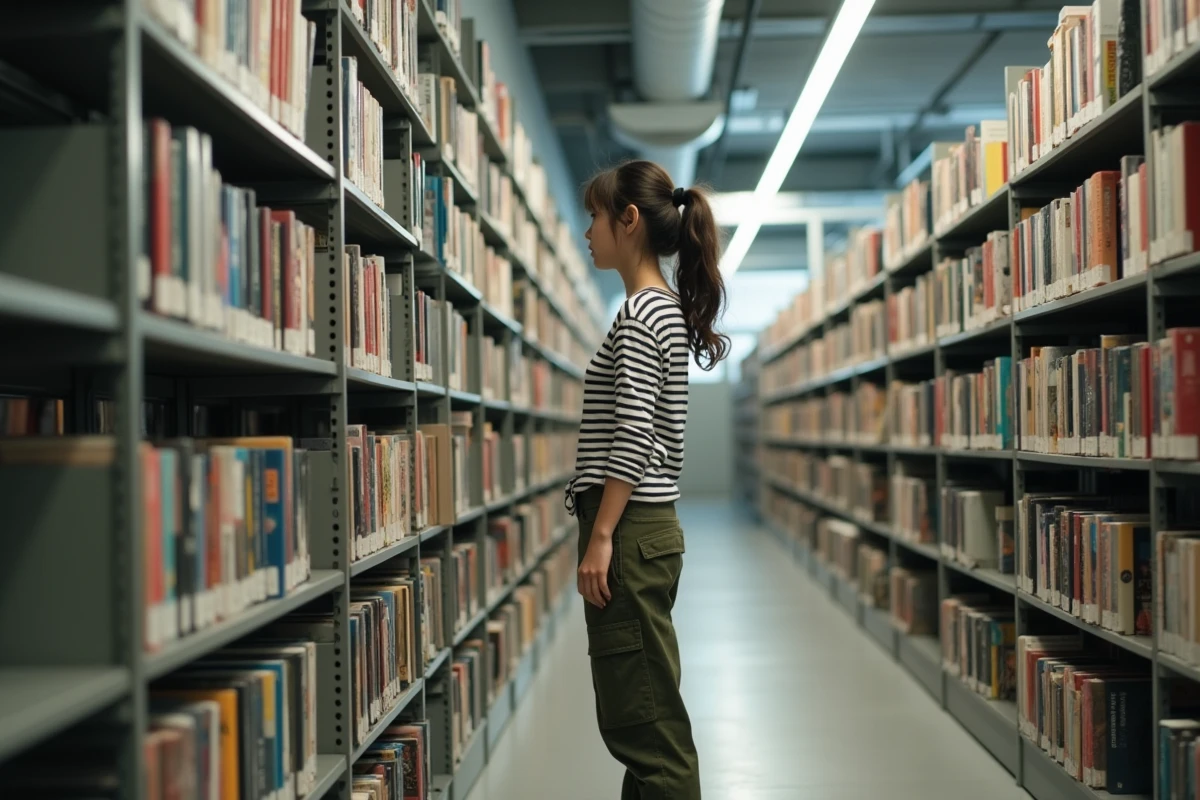 Adolescente parcourant des étagères de mangas dans une bibliothèque publique moderne à la recherche d'une nouvelle lecture