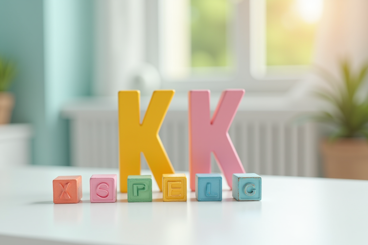 Blocs en bois colorés formant la lettre K sur une table blanche