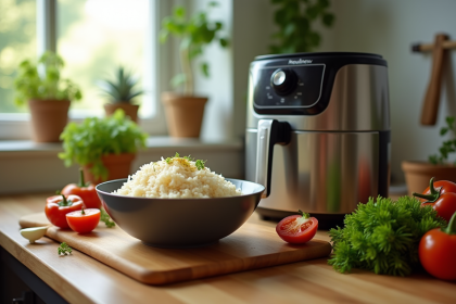 Bol de riz parfaitement cuit servi avec moulinex air fryer