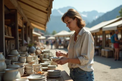 Femme chinant une assiette vintage sur une braderie en plein air en Savoie avec les Alpes en arrière-plan