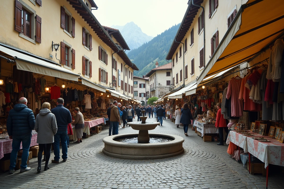 Vue panoramique d'une braderie animée sur une place de village en Savoie entourée de bâtiments en pierre