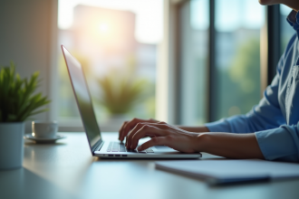 Espace de travail moderne avec ordinateur portable et lumière naturelle