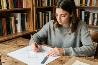 Jeune femme dessinant des triangles géométriques sur papier millimétré pour calculer aire et volume