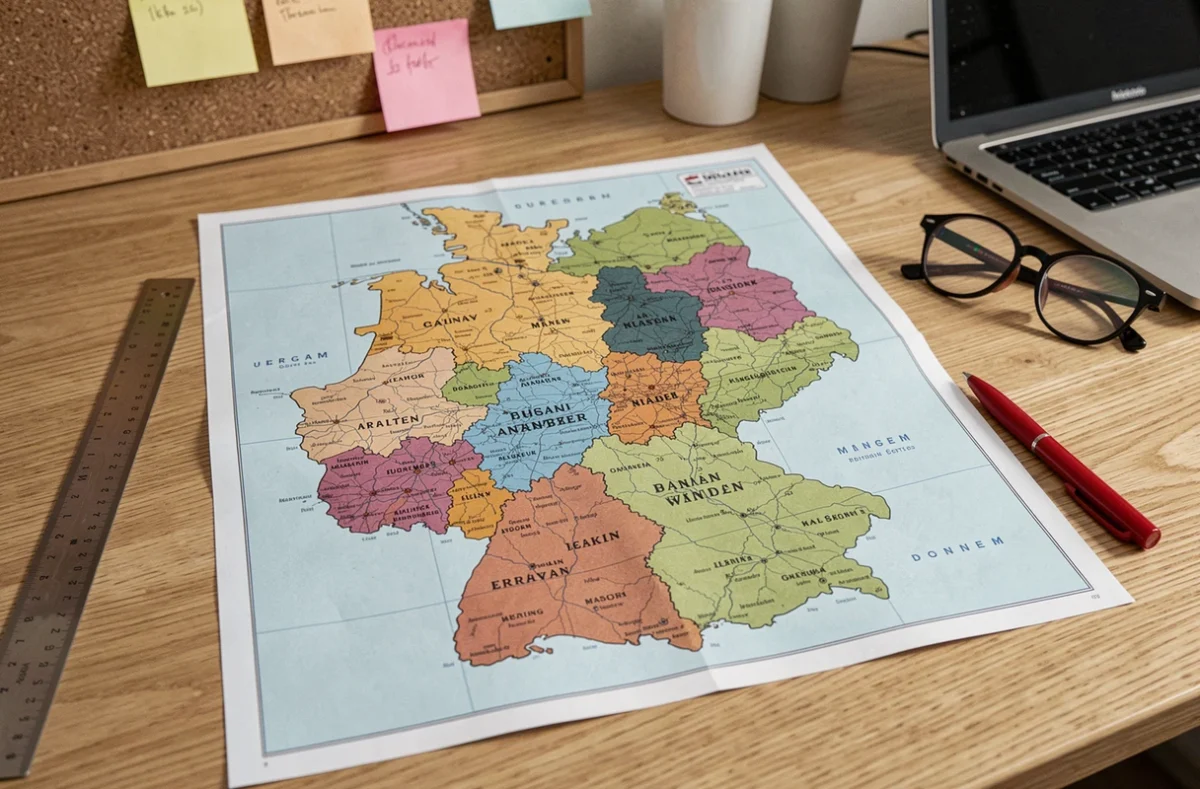 Carte imprimée des 16 Länder allemands posée sur un bureau avec des outils pédagogiques
