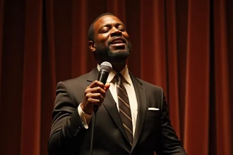 Chanteur jazz noir américain avec micro vintage en scène