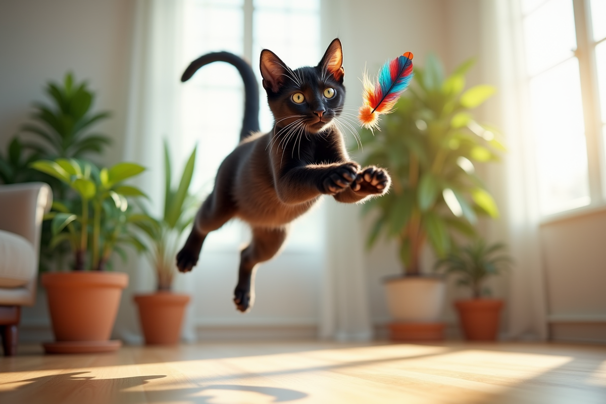 Chat bengal noir sautant pour attraper un jouet plume coloré