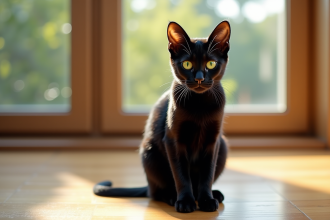 Chat bengal noir aux yeux verts sur un sol en bois