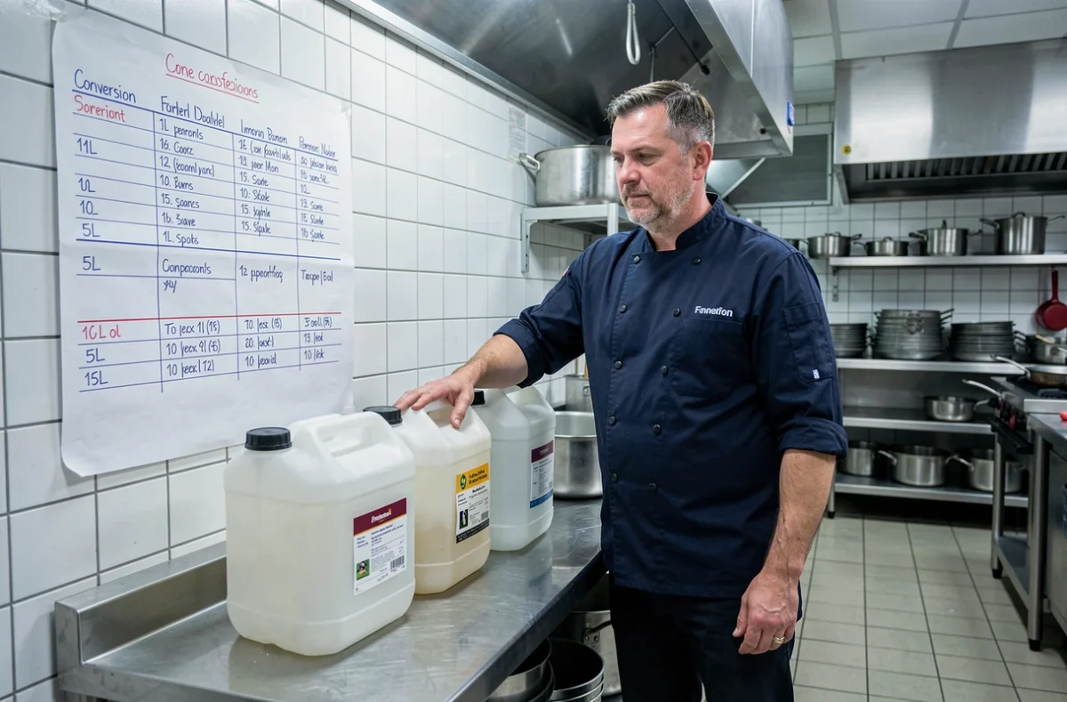 Chef cuisinier professionnel consultant une table de conversion de litres en millilitres dans une cuisine de restaurant avec des récipients gradués