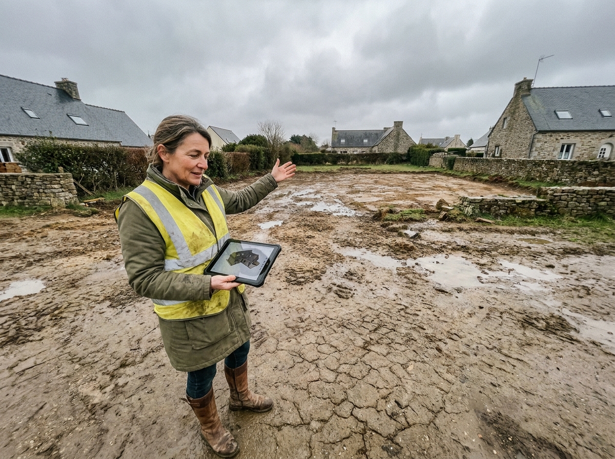 Cheffe de projet sur un terrain à bâtir en Morbihan consultant un plan 3D sur tablette