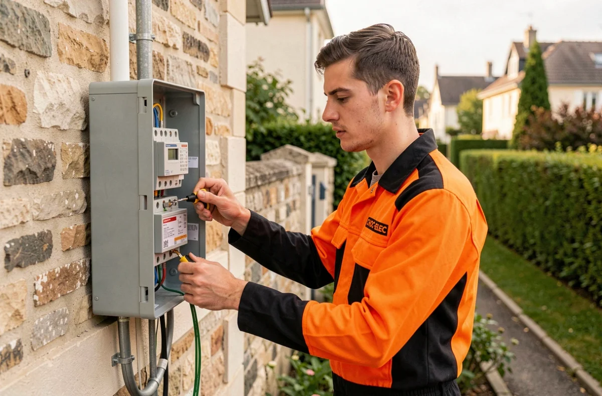 Électricien CHOC-ELEC remplaçant un compteur électrique sur la façade d'une maison pavillonnaire en Île-de-France