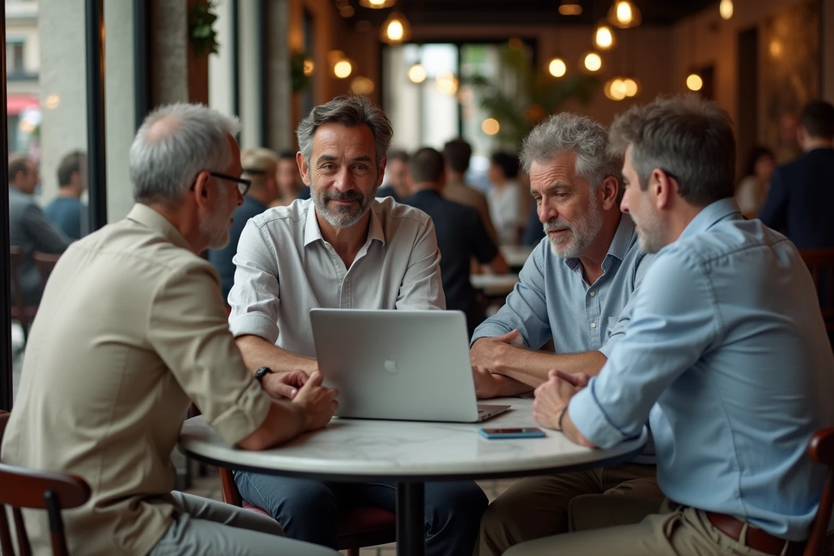 Groupe de citoyens français discutant d'un quiz politique dans un café parisien