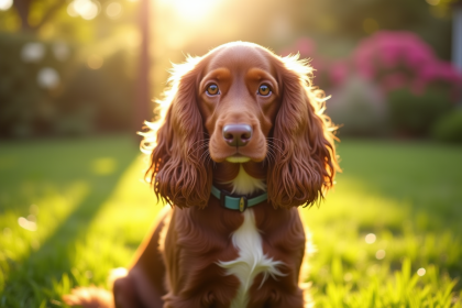 Cocker spaniel assis dans un jardin ensoleille avec verdure