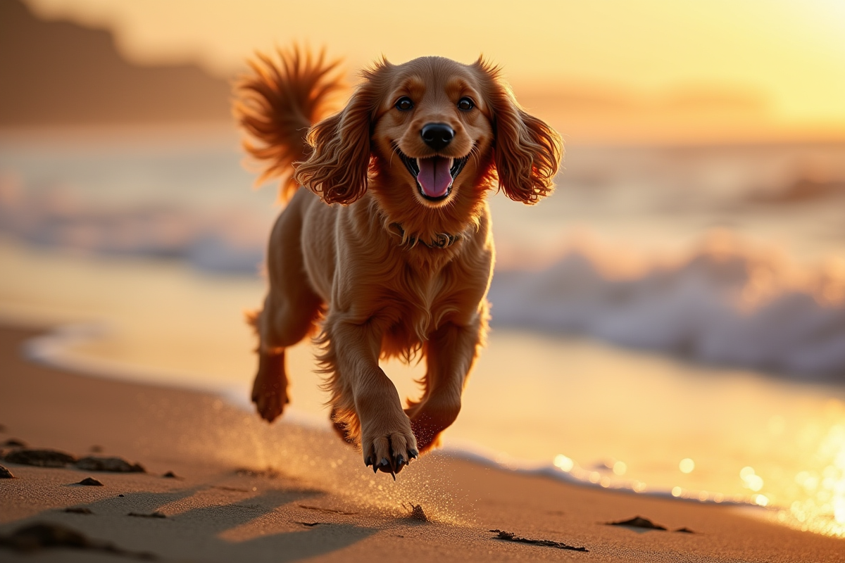 Chien cocker spaniel doré courant sur la plage au lever du soleil